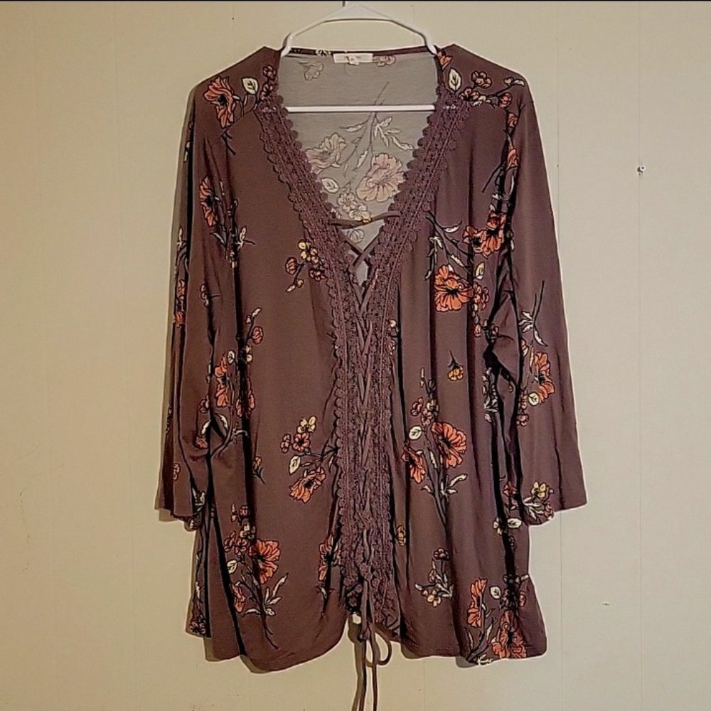MAURICES Blouse - 3X - Taupe w/Floral Print - Lace